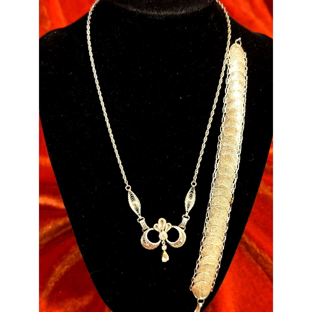 VTG Signed Am Lee 925 Sterling Necklace Rhinestones & Filigree & Bracelet